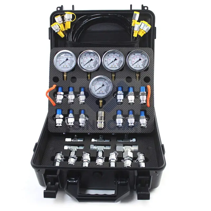 1set Excavator Hydraulic Pressure Test Kit with 5 Gauges 1Mpa/10Mpa/25Mpa/40Mpa/60Mpa, 13 Test Couplings & 14 Tee Connectors