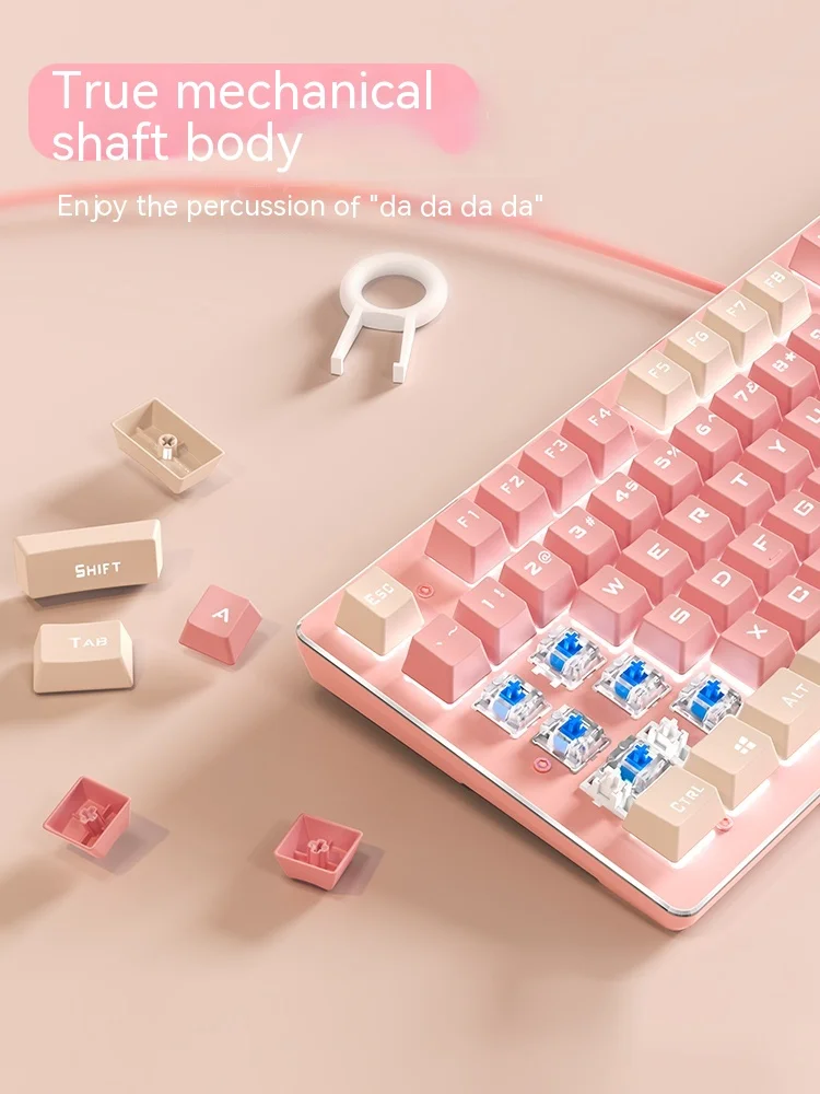 Imagem -02 - Teclado Mecânico Rosa Frente Walker Escritório Feminino com Fio Mouse Conjunto 108 Eixo Azul sem Fio Bonito Alta Beleza Luz Branca Quente Novo