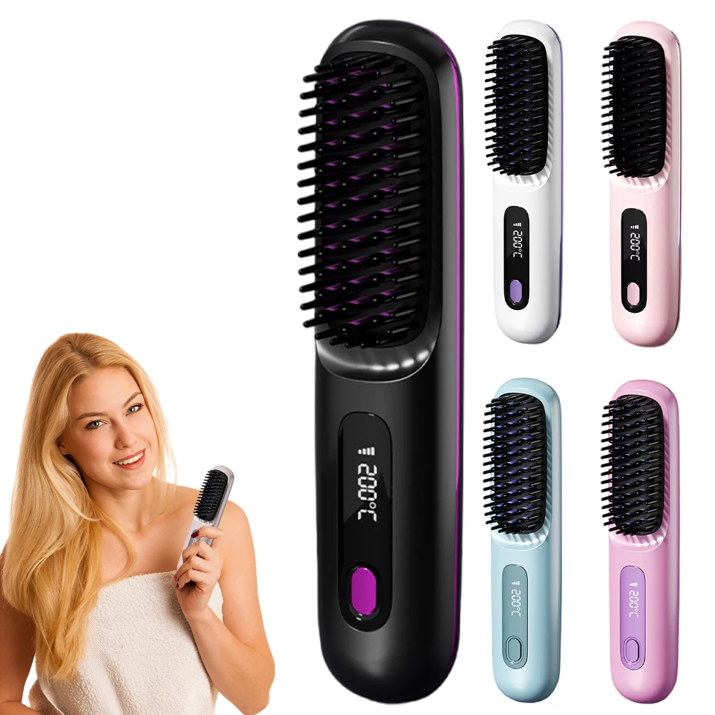 

Cordless Heat Brush 3 Temp Settings 160-200C° Rechargeable Electric Hot Comb Portable Straightening Comb Hair Styling Tools