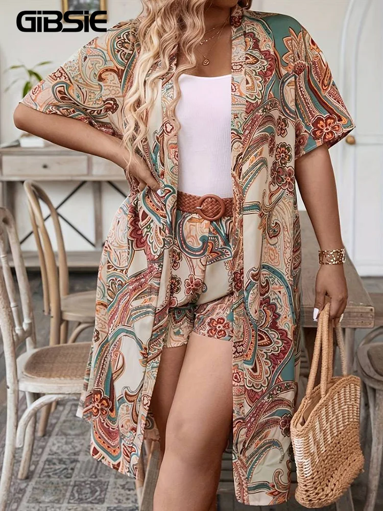 

GIBSIE Plus Size Vacation Print Women Two Piece Set Summer Short Sleeve Boho Long Kimono Cardigan And Shorts Without Belt