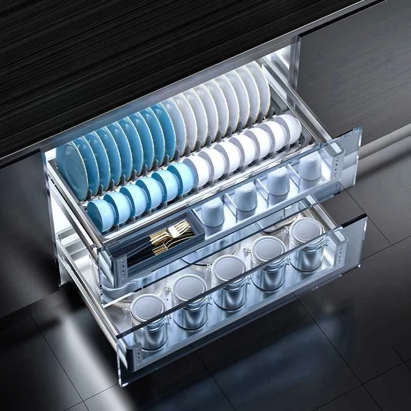 Pull Basket Kitchen Cabinet Drawer Type, Household 304 Stainless Steel Double Layer Dish Storage Basket