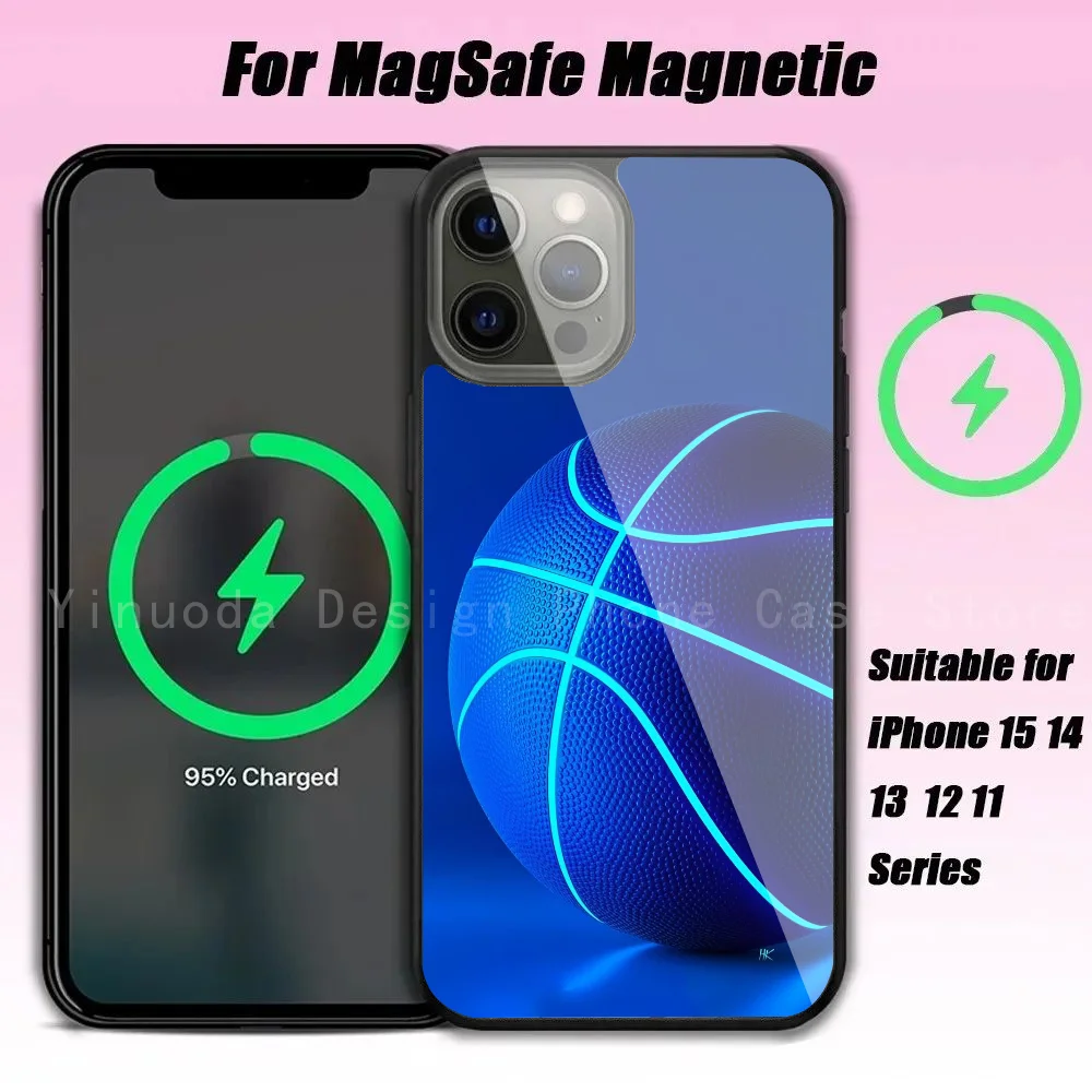 Funda de teléfono con diseño deportivo de baloncesto para IPhone 16, 15, 14, 13, Pro Max 11, Mini espejo Alex para cubierta de carga inalámbrica Magsafe