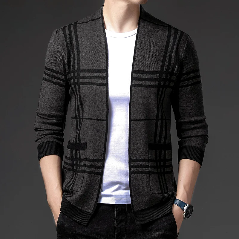 

Faionable Korean Sle Knitted Sweater Plaid Men's Mid-Length Open Cardigan Autumn Winter Cotton Blend Slim Fit Long Sve...