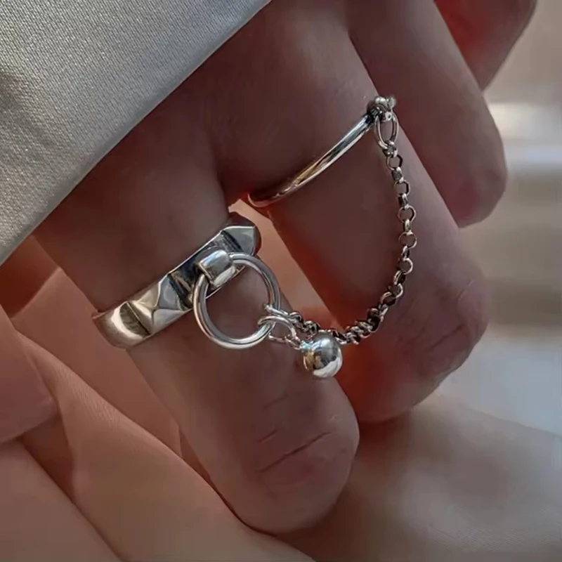 PANJBJ Echt 925 Sterling Silber Retro Runde Ring Für 2 Rigns Frauen Kette Vintage Edlen Schmuck Minimalistischen Zubehör Geschenk – Detail 7