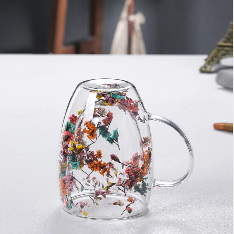 4pcs Dried Flower Double Wall Clear Glass Coffee Mugs Double Insulated Glass Cup For Hot Cold Beverages Latte Espresso Cup