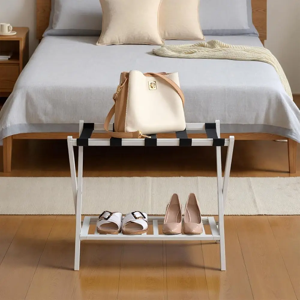 Porta valigia pieghevole in bambù con ripiano per scarpe e 5 cinghie per stanze degli ospiti, soggiorni e hotel - Bianco