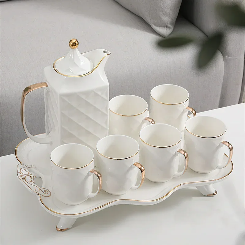 Ceramic Coffee Set Nordic Gold with Tray British Water Ware Tea Pot Household Kitchen Supplies Gift Cup Kettle