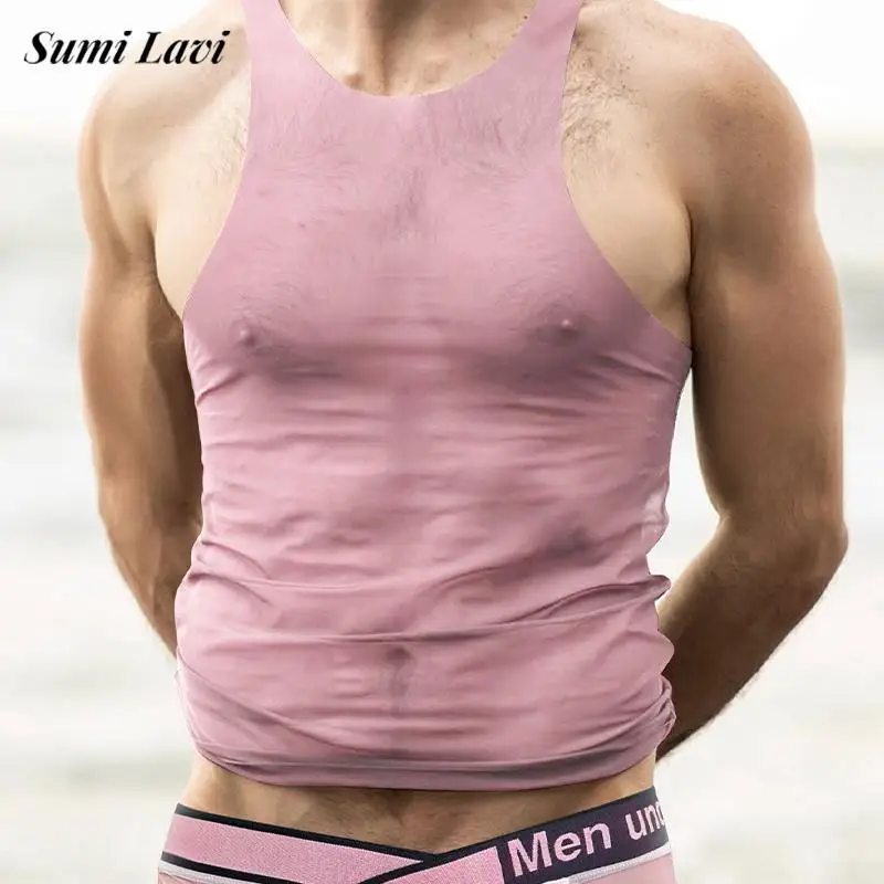 Nightwear Mens Mesh See Through Tank Tops Summer Casual Breathable Elastic Slim Fit Mesh Vest Men Sexy Transparent Mesh Camisole