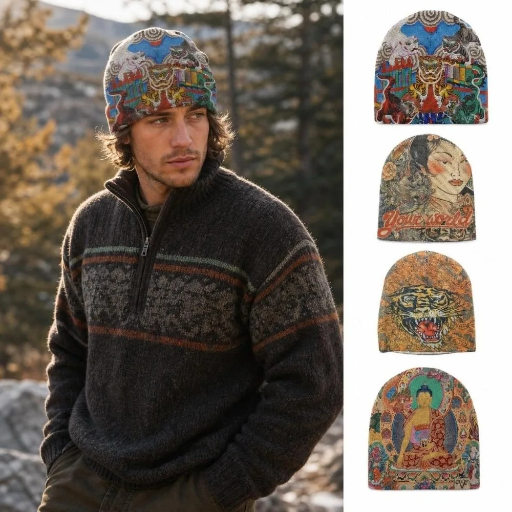 Breathable Printed Beanie Hat Warm Knit Kpop Harajuku Fashion Brimless Skull Cap Elastic Hip Hop Pull-on Beanie Cap