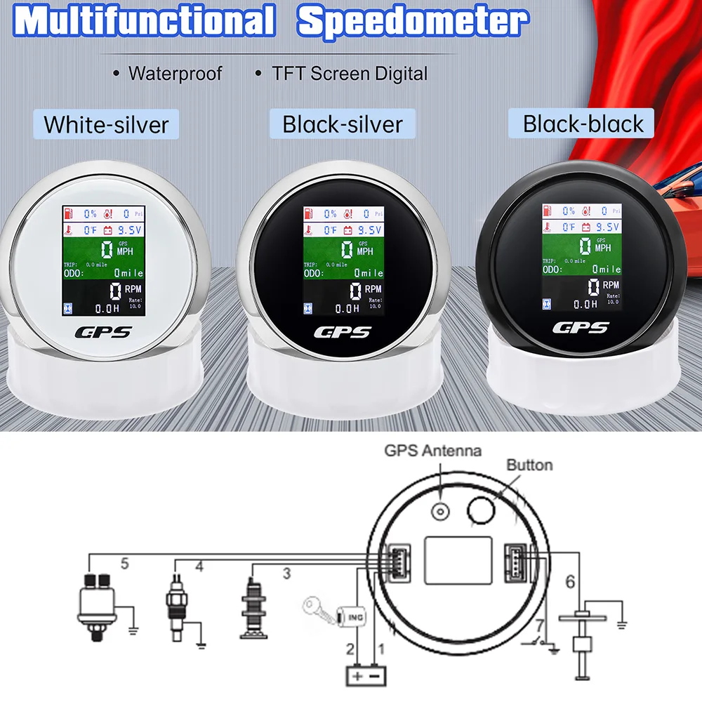 Compteur de vitesse GPS étanche 6 en 1, 85mm, avec antenne, niveau de carburant, température de l\'eau, pression d\'huile, avec alarme, pour voiture,