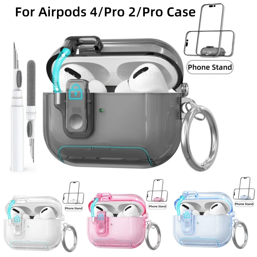 2025 for New AirPods Pro 3 Case with Phone Stand & Secure Lock Clear Cover with Cleaning Kit & Keychain For AirPods 4/Pro 2/Pro