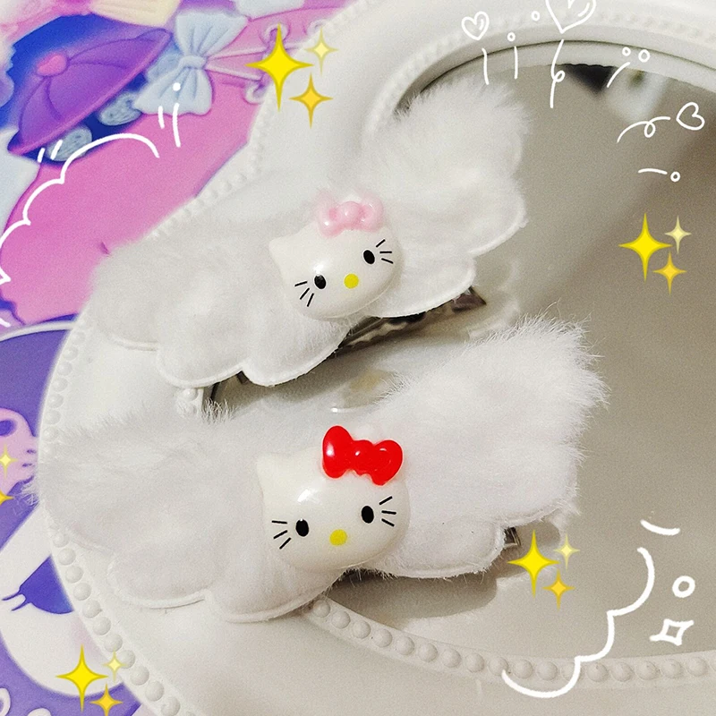 2Pcs Kawaii Sanrio Hello Kitty Angel Hairpin Cartoon Plush Wings Paired With Girls Bangs Clip Style Women Headwear Gift