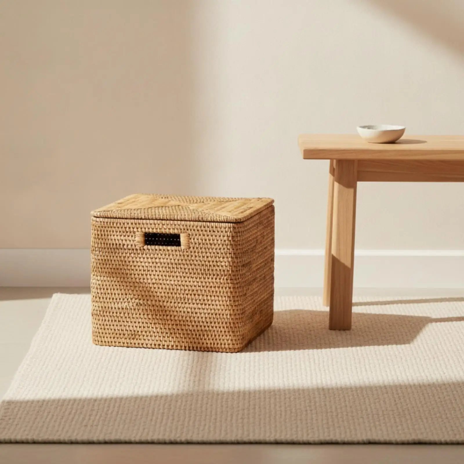 Handwoven Rattan Storage Basket with Lid for Home Organization and Bookshelf Decor