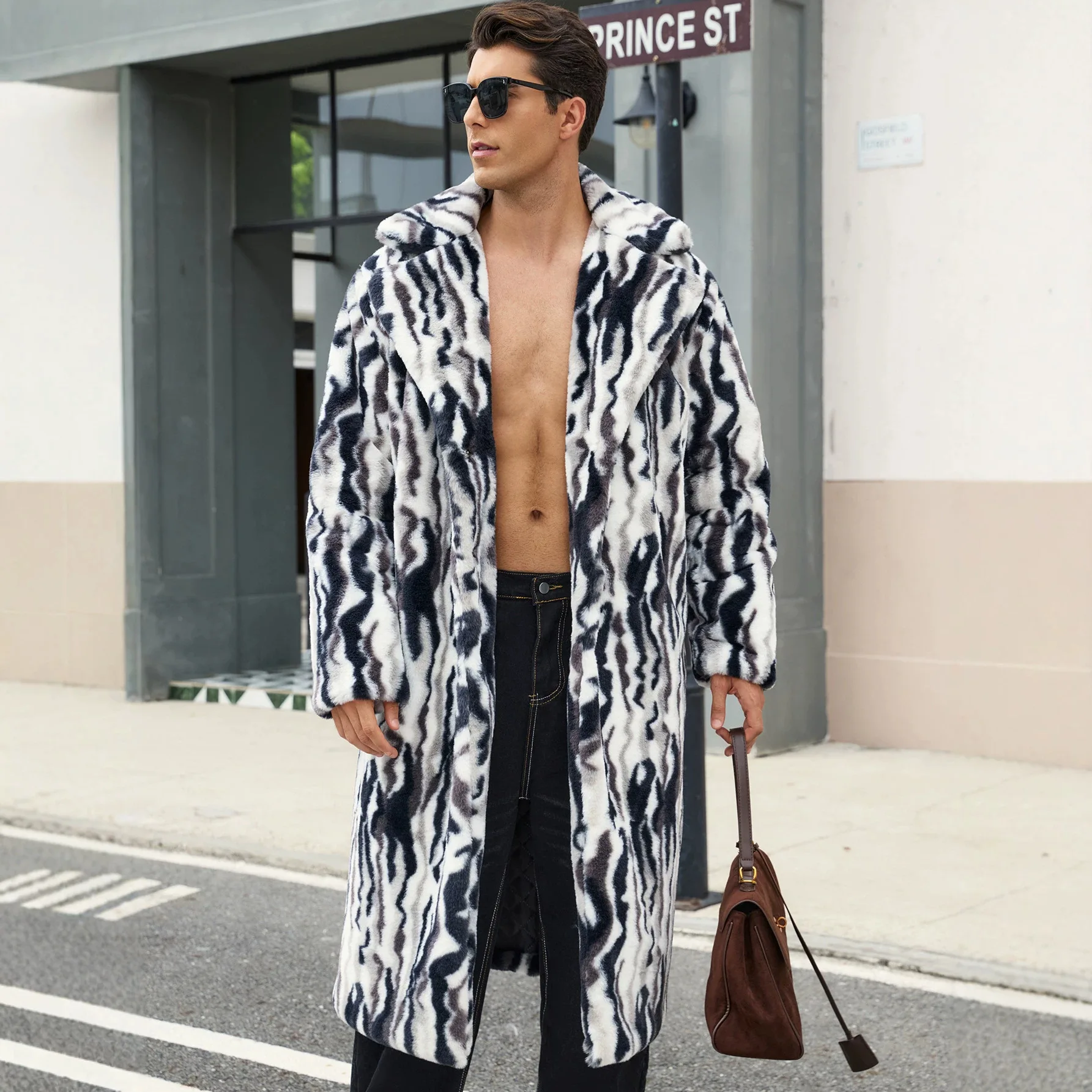 Long Coats Men Turn Down Collar Full Sleeve Faux Fur Jackets Thick Warm Y2k Streetwear Open Front Work Outerwear Autumn Winter