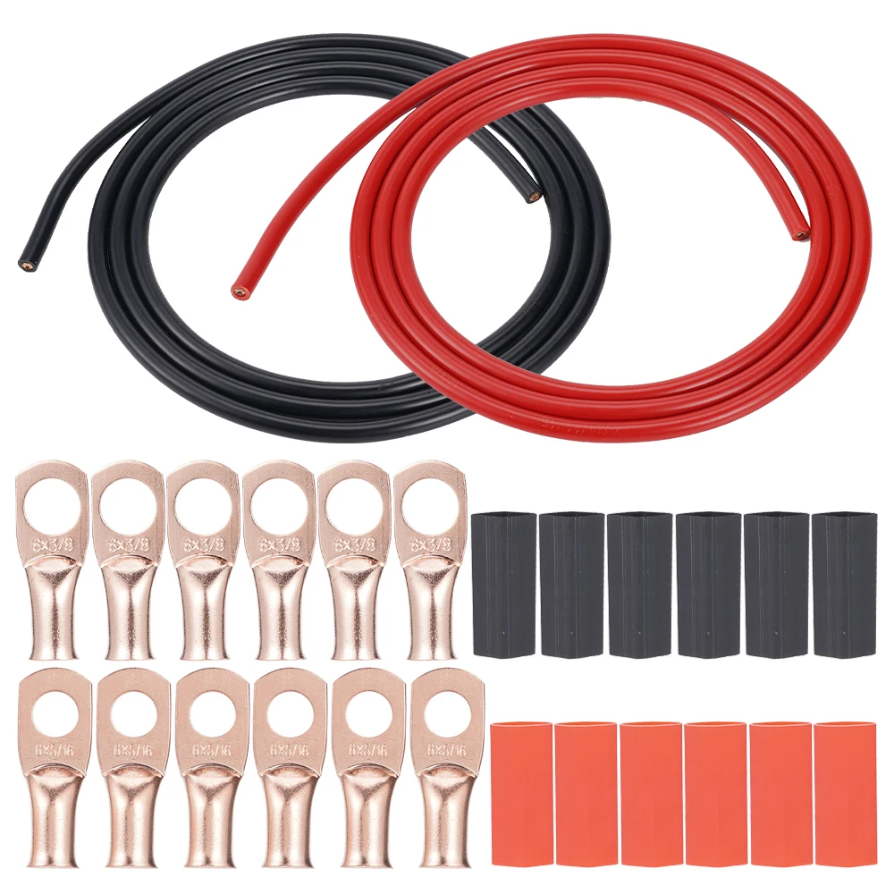 

6AWG PVC Pure Copper Wire Battery Power Welding Cable Black and Red 2M,Copper terminals 5/16 and 3/8,6 Heat Shrink Tubing