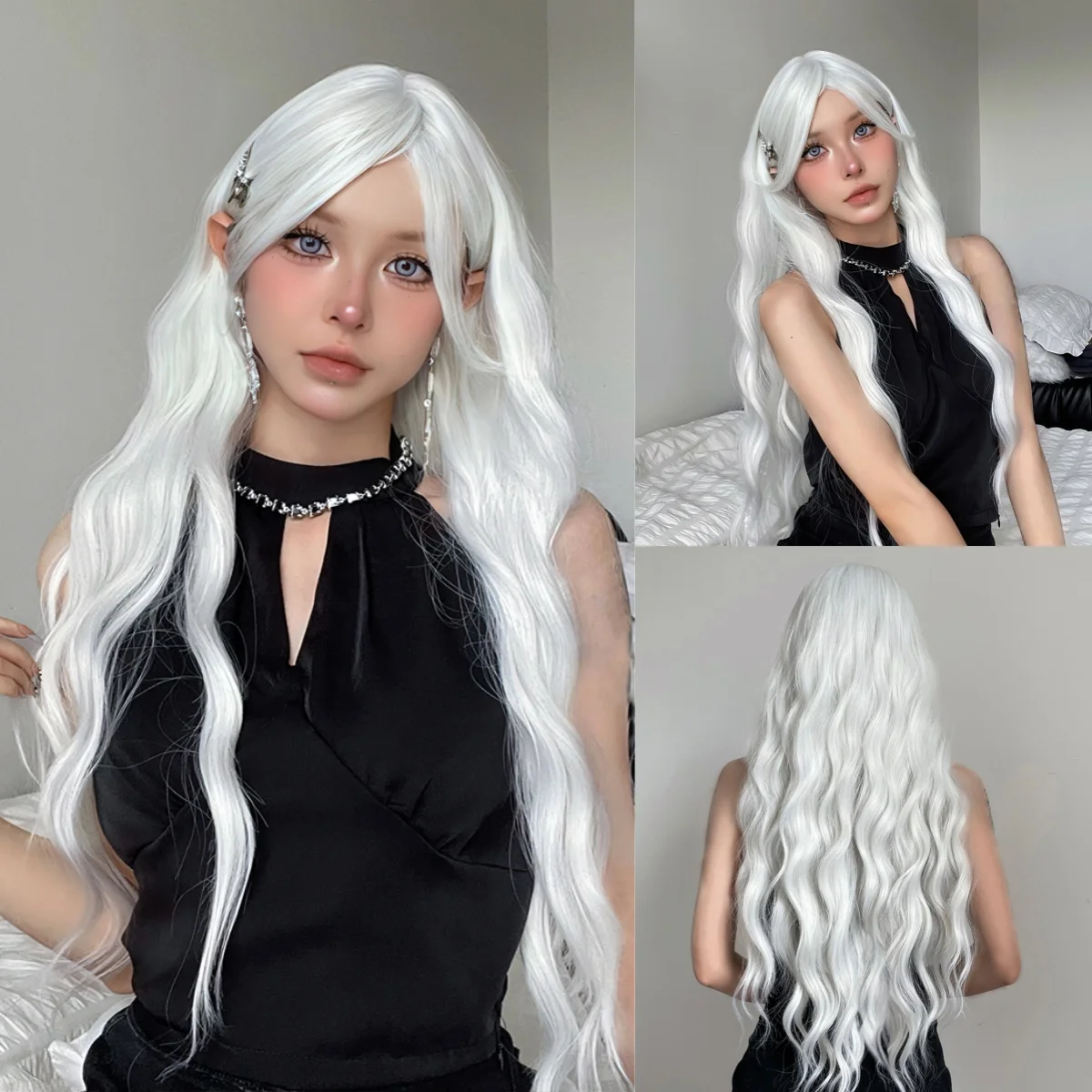 Girls Cosplay White Body Wavy Synthetic Wigs with Bangs for Women Long Lolita Natural Wig Loose Wavy Hairs Heat Resistant Fiber