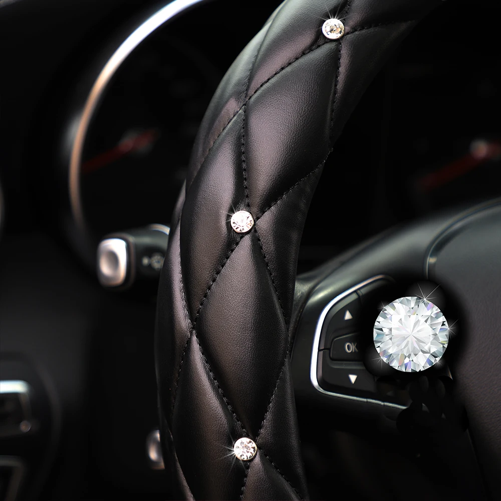Mit Diamanten besetzte Stereo-Lenkradabdeckung aus weichem Leder mit Innenring, passend für 14,5–15 Zoll – Detail 6