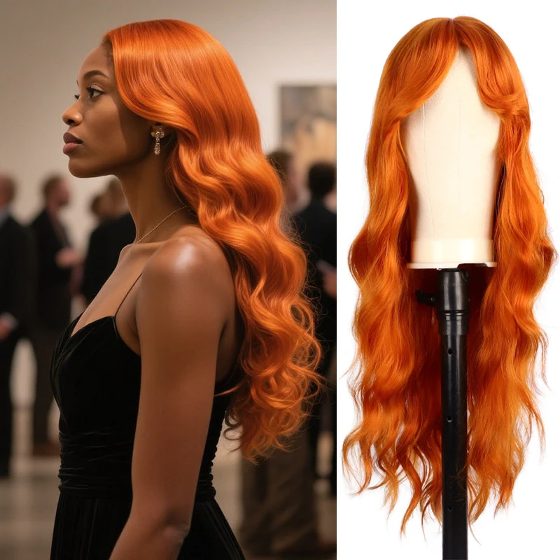 

European and American 's orange water wave , African women's large wavy long curly synthetic hair wig