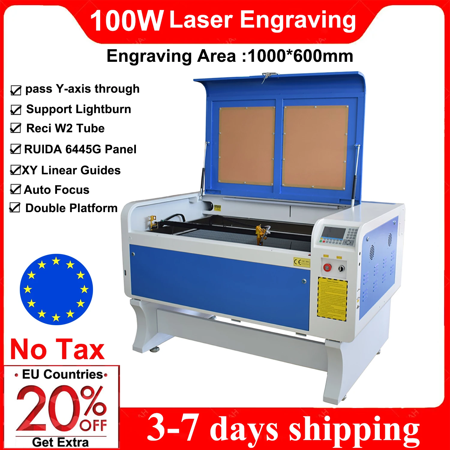 100W Laser Engraving Machine CO2 Laser Engraver 1060 Laser Cutting Machine CO2 Laser RECI W2 Tube Wood Fabrics Leather EU Stock