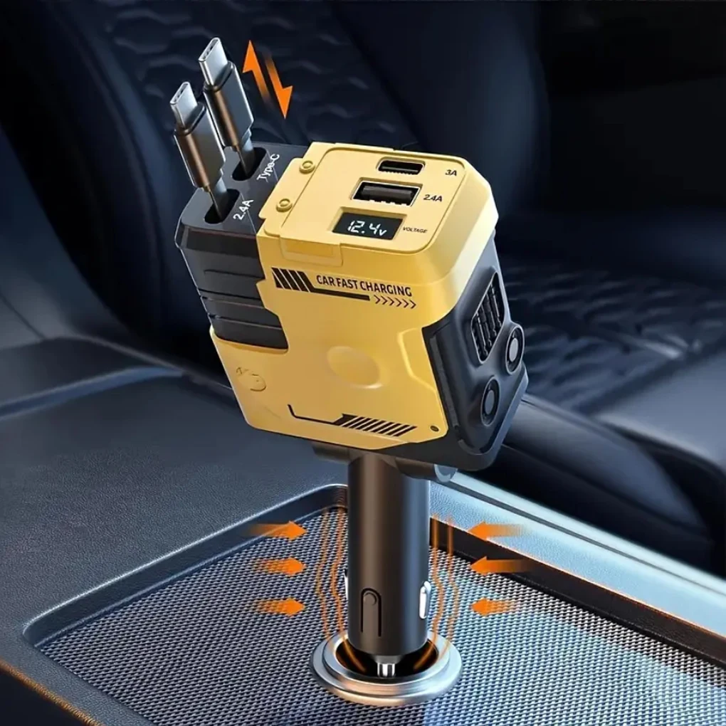 

Car Charger, 4-in-1 Retractable Cigarette Lighter Adapter with USB Dual Type C Fast Charging Cable for Xiaomi 15 Huawei Android