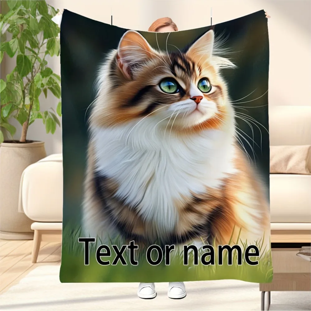 1Pc Personalized Customized Name/Text Cat Pattern Flannel Blanket, Soft and Warm, Perfect for Bedding, Sofas, Travel