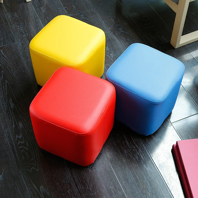 Modern Creative Square Leather Stool Solid Wood Low Coffee Table Ottoman Fashionable Metal Frame