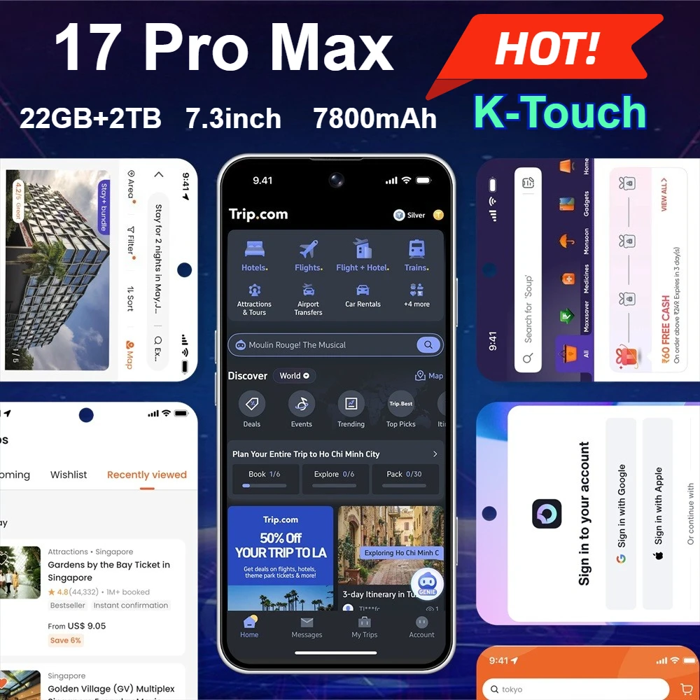 Smartphone K-Touch 5G 17 Pro Max 22G+2TB, Telefono Cellulare con Display Completo da 7,3 Pollici, Riconoscimento Facciale, Fotocamera 16+48MP, 5G Dual Sim, Batteria da 7800mAh, Android 15