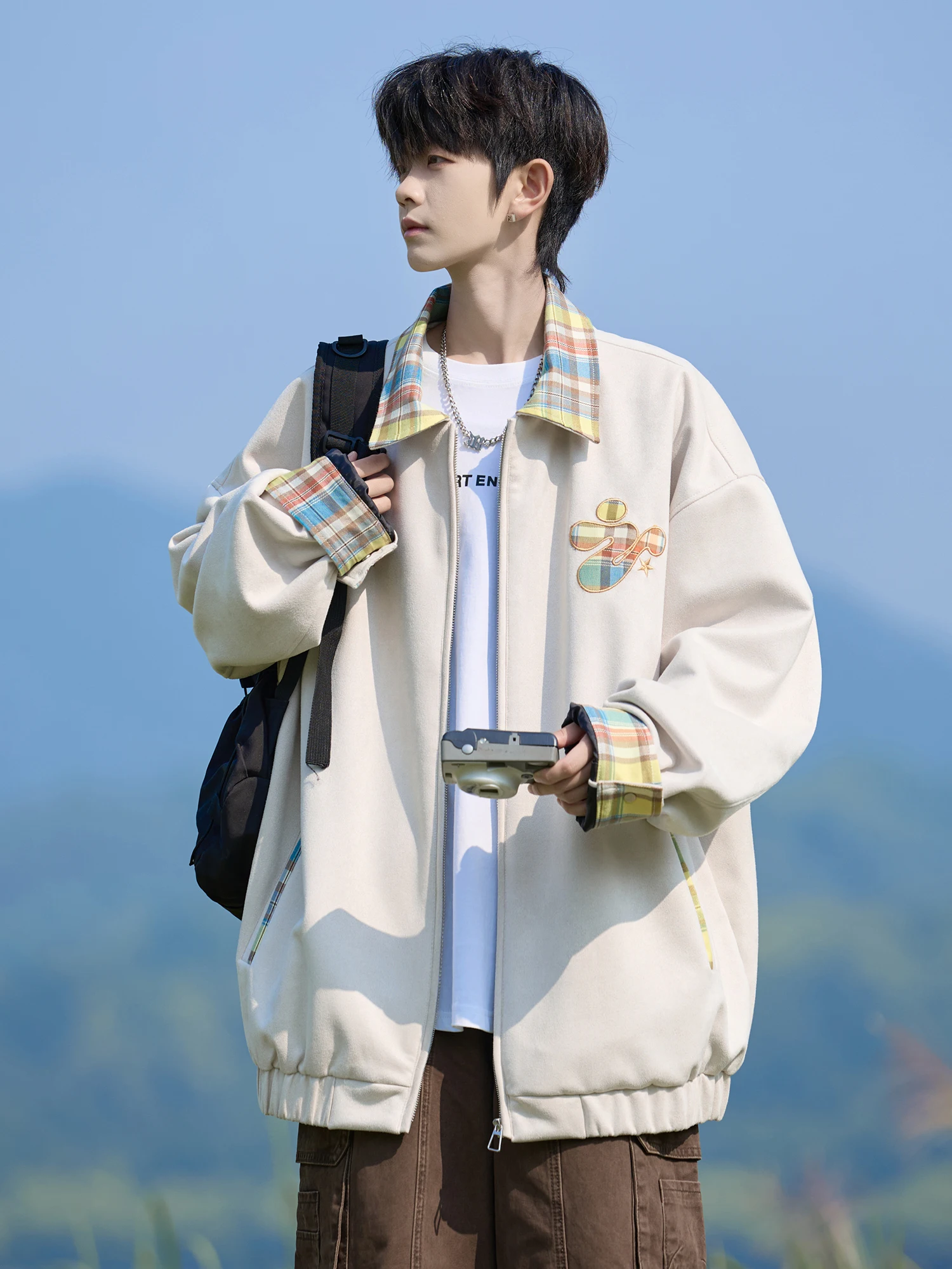 American Style Plaid Patchwork Lapel Black Purple Jacket Men's Spring Autumn New Loose Casual Daily Apricot Jacket