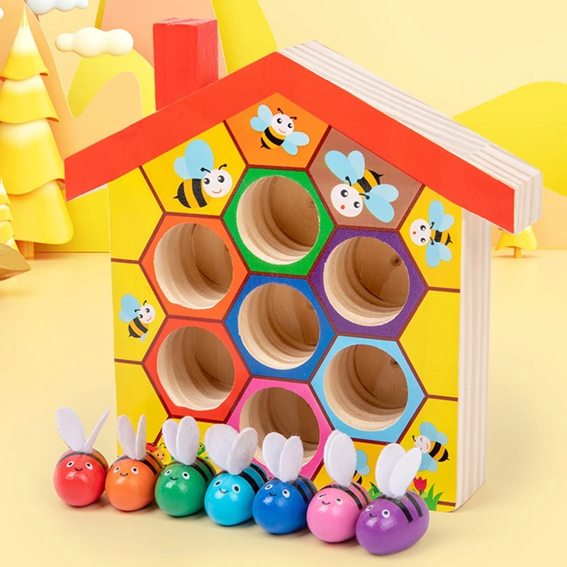 Wooden Toys Color Cognition Clip Beads Matching Clamp Bee House Trap Game Early Educational Toys Gift For Children