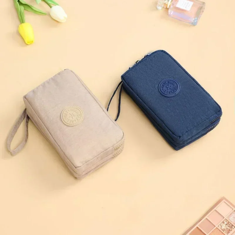 Women Canvas Coin Purses Organizer Wallet Solid Color Three Layer Zipper Card Key Lipstick Money Storage Pouch Phone Bag