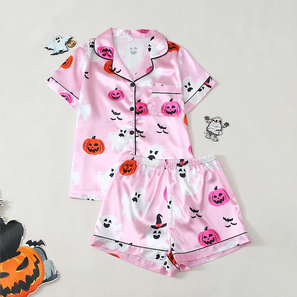 

2Pcs Cartoon Pumpkin Halloween Pajamas Girls Sleepwear Comfort Breathable Short Sleeve Shorts Set Holiday Theme Sleepwear