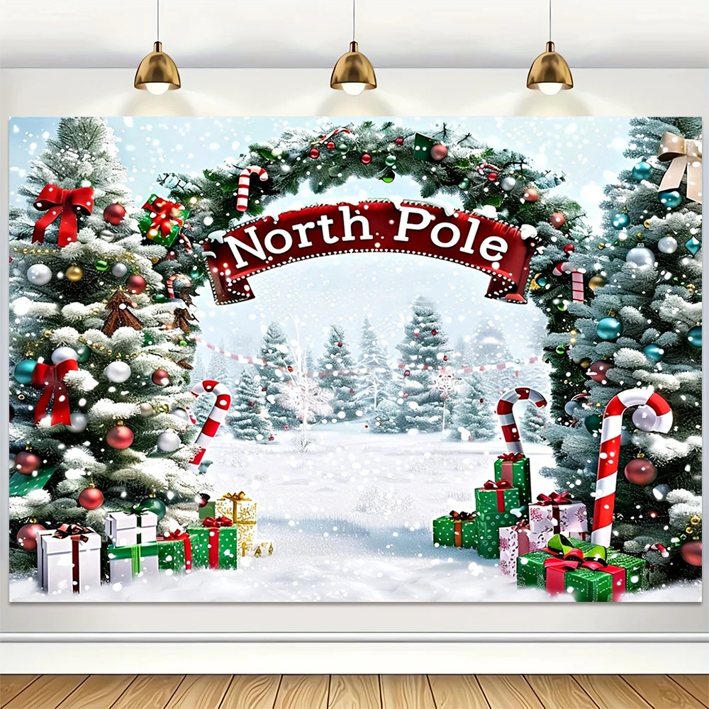 North Pole Christmas Backdrop Xmas Tree Snow Scene Photography Background Props Family Xmas Eve Party Decors New Year Banner