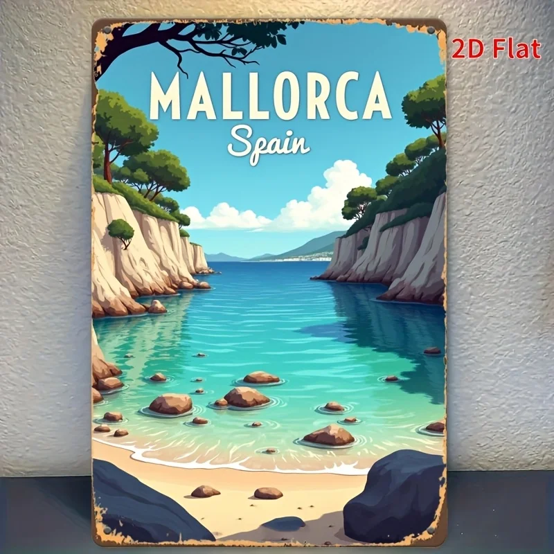 Letrero Decorativo de Pared de Metal Vintage de Mallorca, España, Diseño Plano 2D, 1 Pieza | Cuadro de arte costero mediterráneo grande de 20,32x30,48 cm (8x12 pulgadas) con
