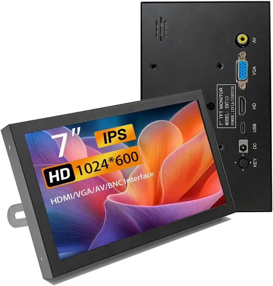 

7 Inch Mini Monitor HDMI VGA AV BNC 1024x600 IPS Portable Display with Speakers for Raspberry Pi PC TV