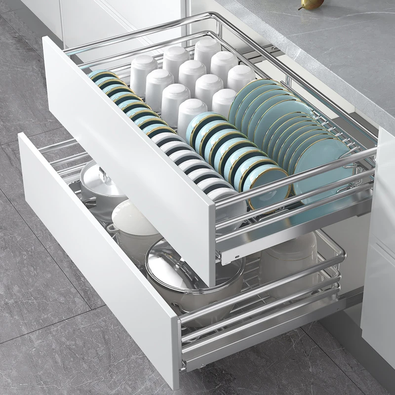 

Kitchen Stainless Steel Storage Rack Slide Rails Cabinet Drawers Type Bowl Basket Seasoning Built-in Dish Organizer Accessories