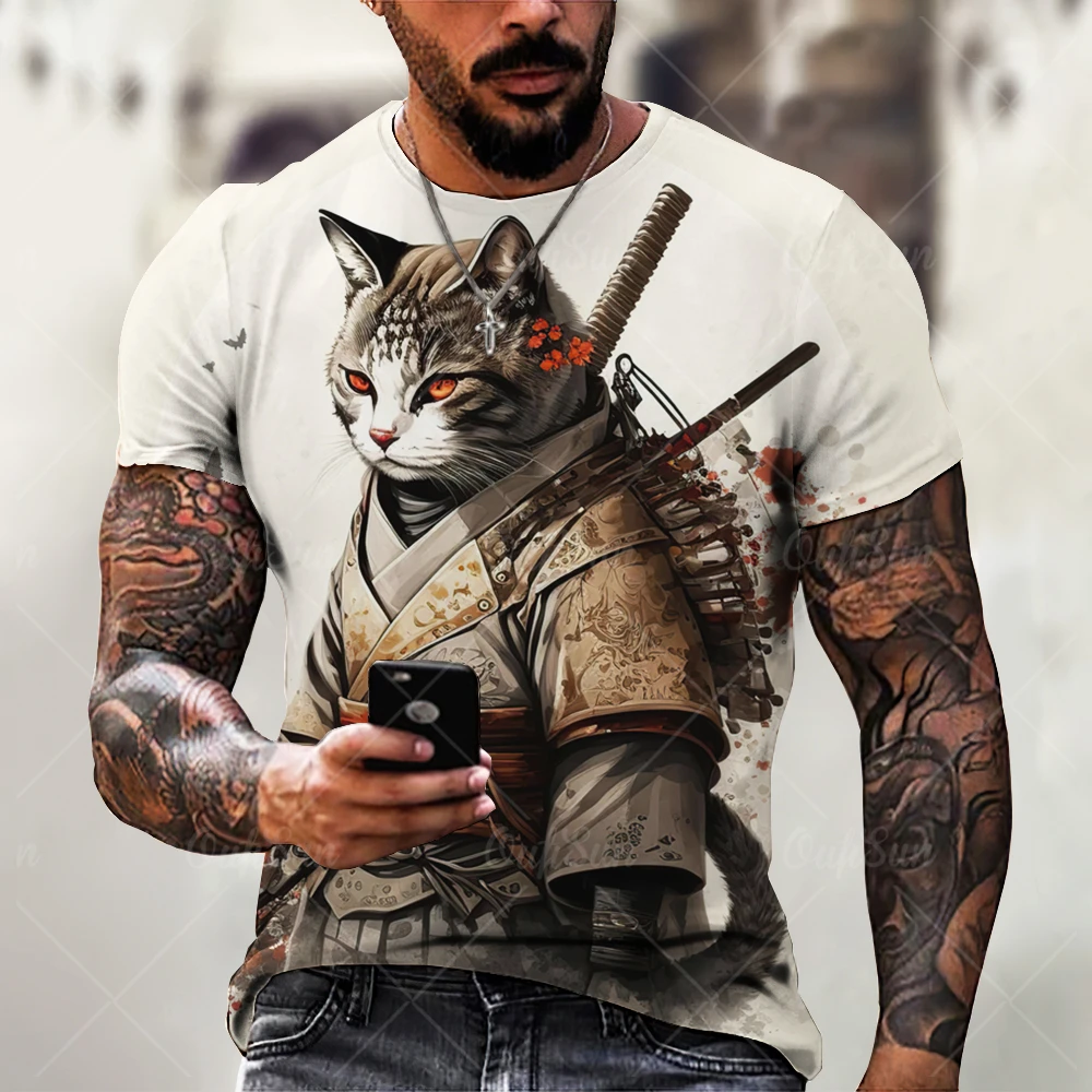 Men\'s T Shirts Japanese Samurai Cat Printed T-Shirt Funny 3D Animal Graphic T-Shirts  Casual O-neck Loose Tops Short Sleeve Tee