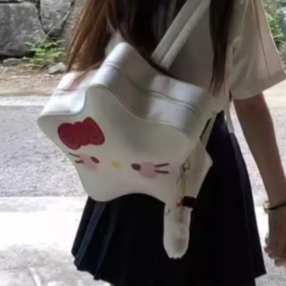 Tas punggung wanita imut, tas ransel putih, tas sekolah pelajar, kasual, tas bahu perjalanan bintang, fesyen, lucu, Jepang