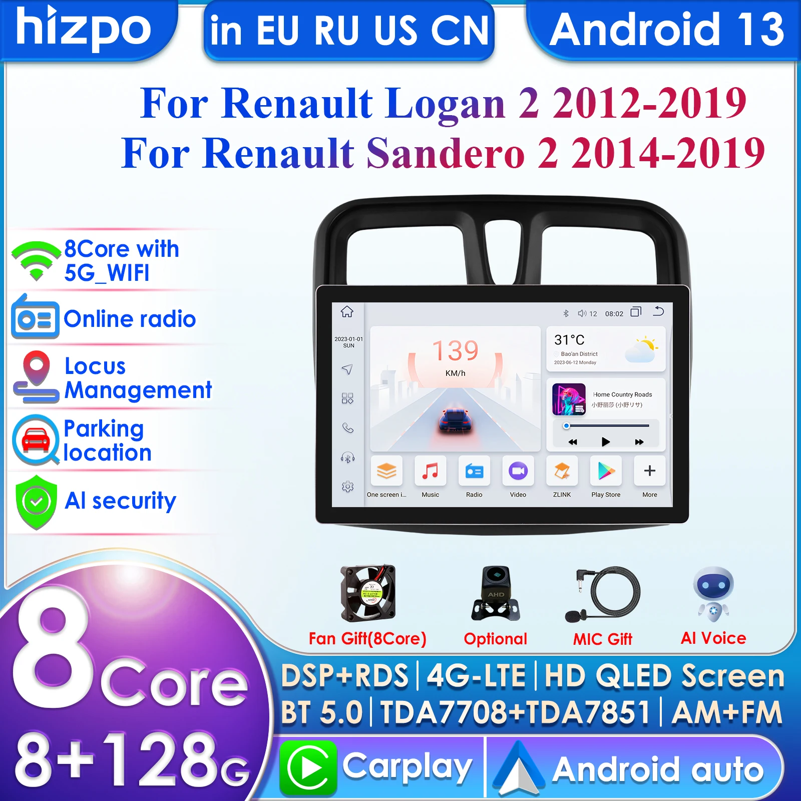 

11.5'' 7862 AI 2din Android 13 Car Radio Multimedia Video Player for Renault Logan 2 Sandero 2 2014-2019 Navi GPS Carplay 4G RDS