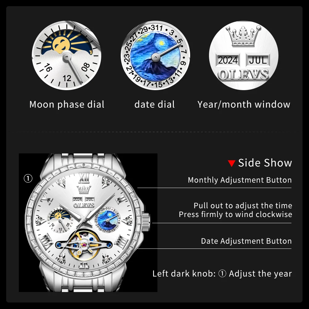 OLEVS 6712 Automatic Man Watch Luxury Skeleton Flywheel Dual Calendar Moon Phase Waterproof Diamond Bezel Mechanical Watches Men