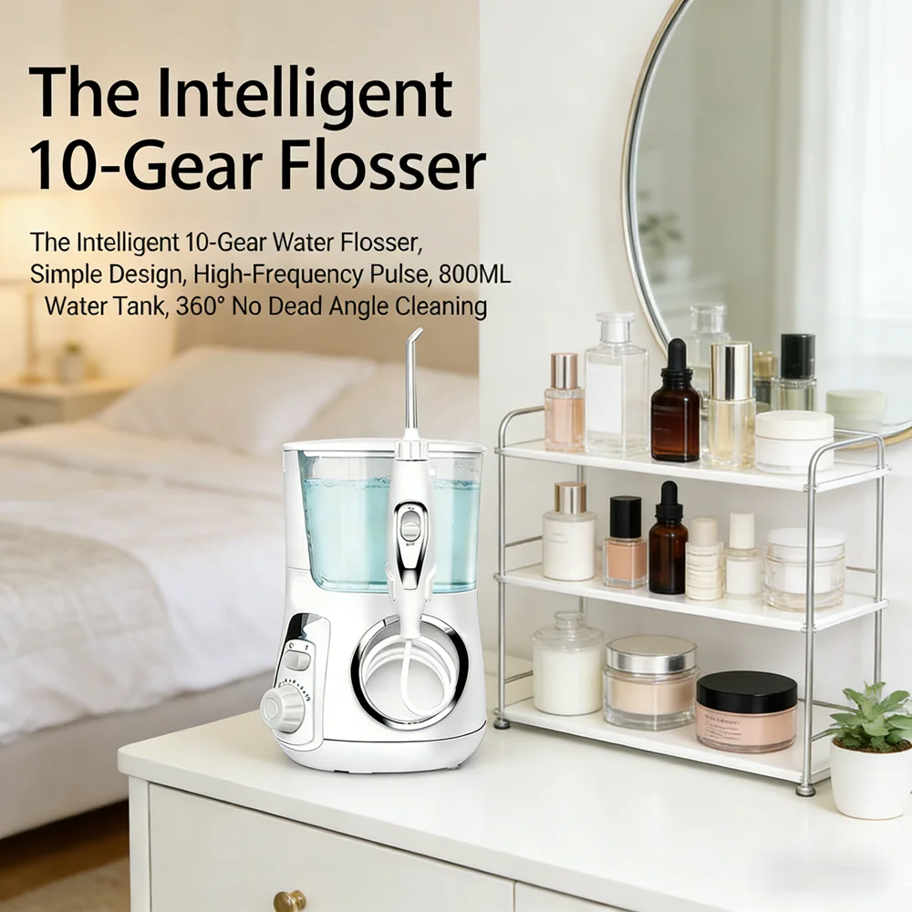 

Электрический ирригатор для полости рта с 10 режимами, резервуаром 800 мл и 5 насадками для домашнего использования, уменьшает неприятный запах изо рта и зубной налет