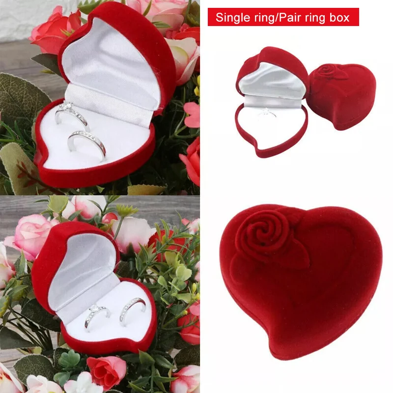 Red Love Shape Ring Box Luxury Flocked Engagement Wedding Proposal Gift Box Ear Nail Jewelry Organizer Wedding Holiday Supplies