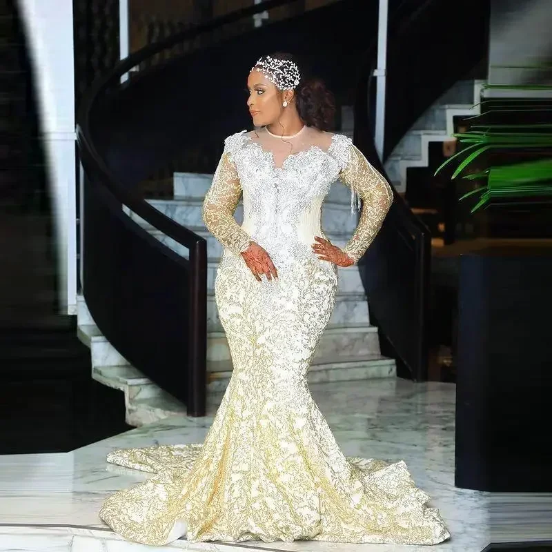 Customize Lace Wedding Dresses Long Wrap Tassels Gold Champagne Plus Size Bridal Dress Long Sleeve Appliques Beads Sheer Neck Ve