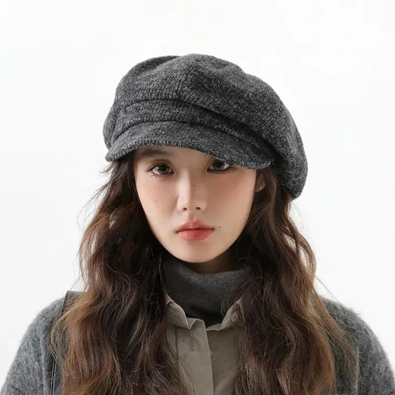 

Casual Solid Color Japanese Retro Berets Knitted Warm Octagonal Hat Autumn Winter Cap Windproof Newspaper Hat Outdoor