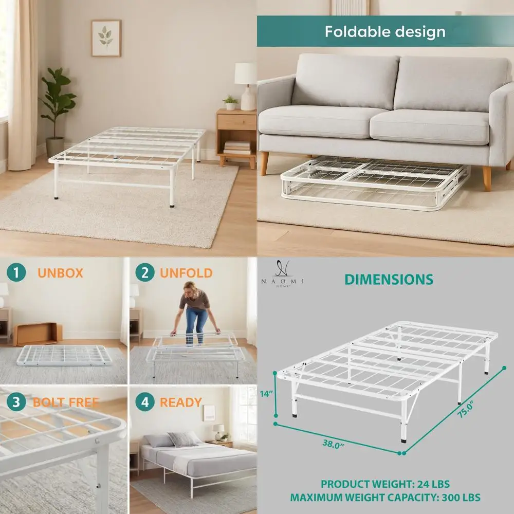 

Twin Size Metal Bed Frame with 13-Inch Storage, Foldable, Fully Assembled Steel Platform, No Box Spring Needed, Sleep Comfortabl