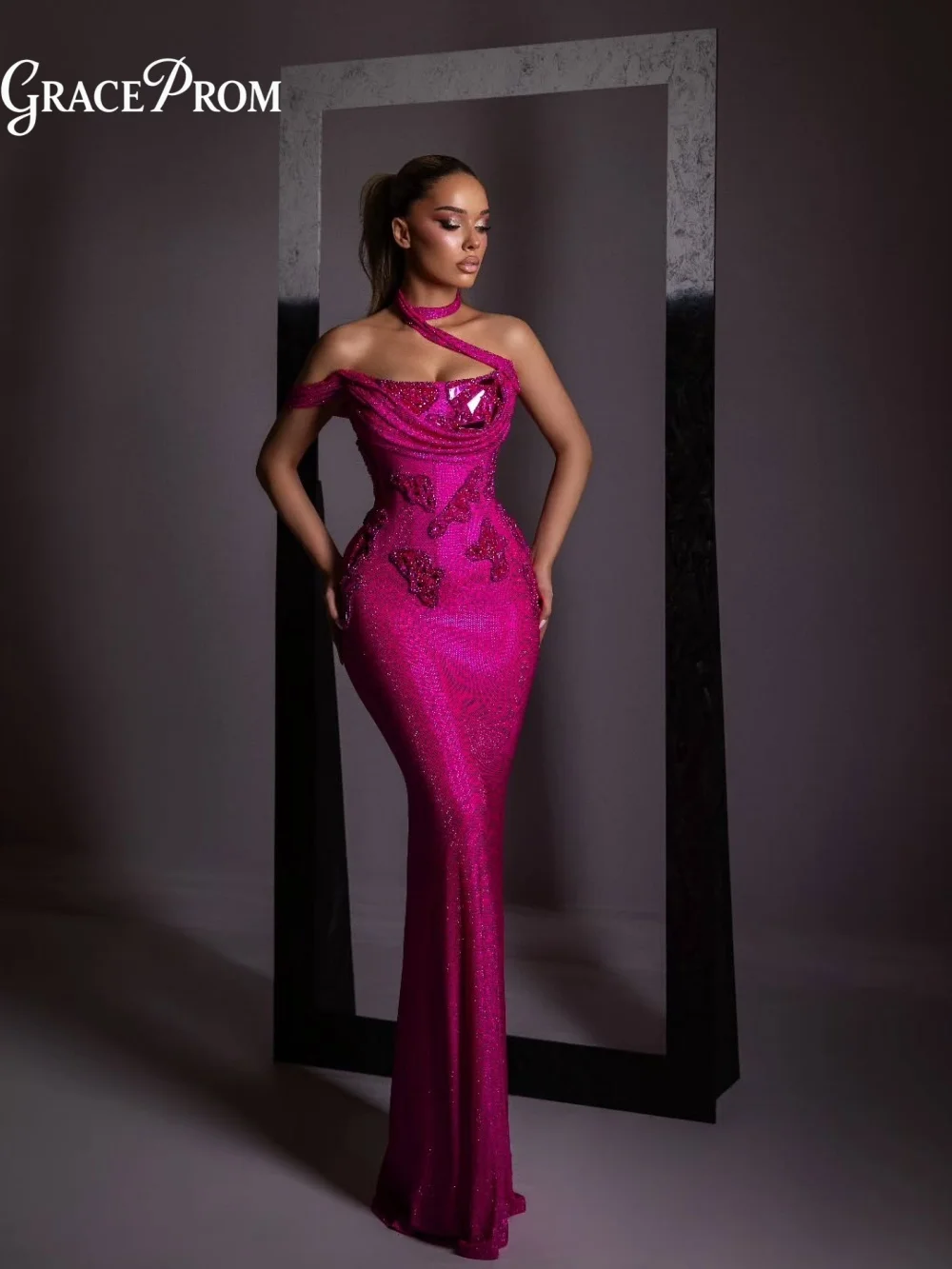 

Luxurious Fuchsia Crystal Beaded Evening Gown Asymmetric Neckline And 3D Appliques Party Dress For Wedding Guests فساتين سهرة