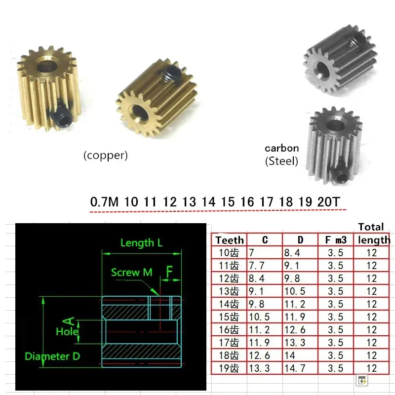 2PCS/LOT Copper Gear 0.7M 10T 11T 12T 13T 14T 15T 16T 17T 18T 19T 20T Brass Spur Gear Hole 3mm-6mm Diameter/Carbon Steel