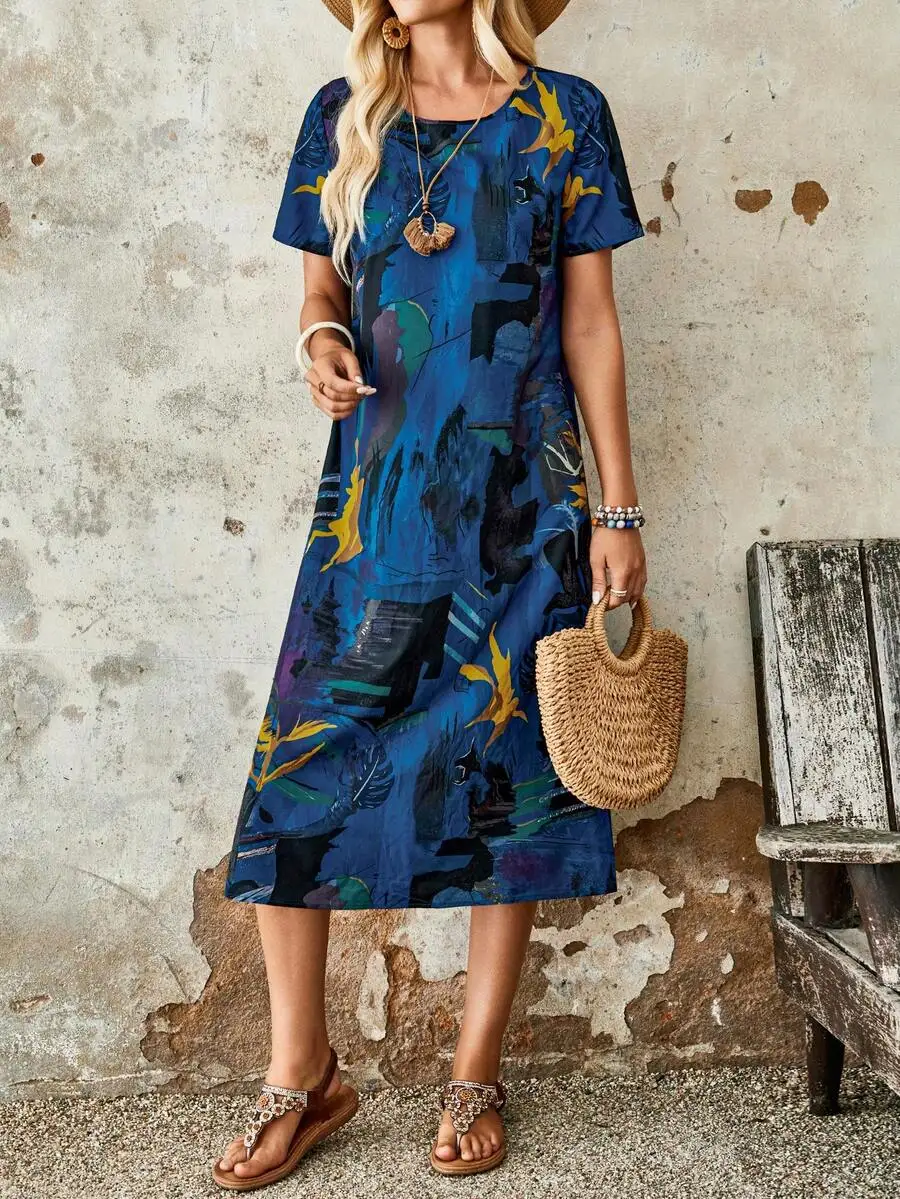 

Abstract Print Short Sleeve Casual Vacation Dress For Women