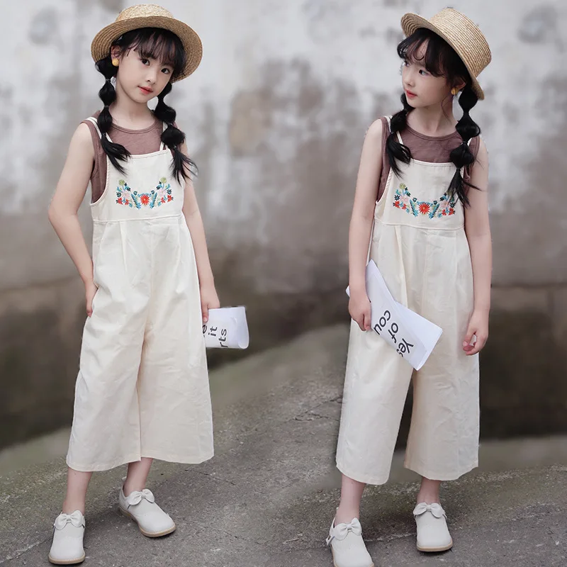 2024 Korean Summer Children Girl 2PCS Clothes Set Elementary Girl O-neck Vest+Embroidered Floral Lace Up Jumpsuit Set For Girls