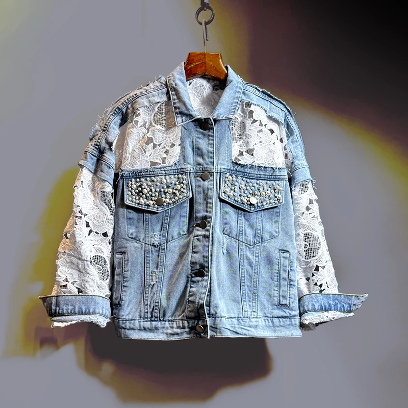 

2024 Fashion Lace Stitching Denim Sunscreen Coat Casual Loose Beaded Diamond Pocket Frayed Hole Cowboy Outwear Spring Summer New