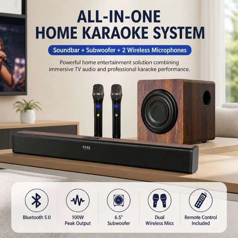 Home Theater Karaoke Soundbar System With Subwoofer, 2 Wireless Microphones And Bluetooth 5.0 TV Speaker For Home Entertainment